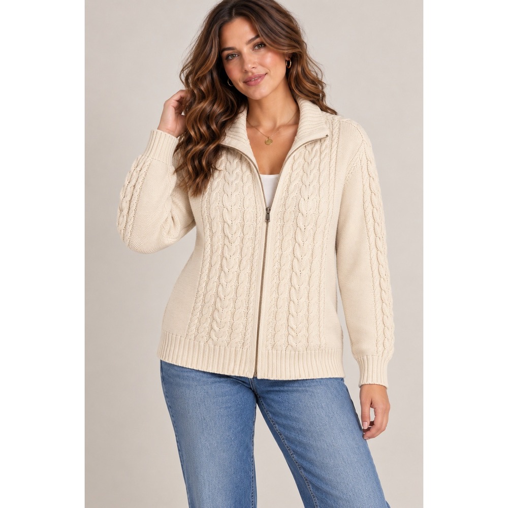 Coastal Fisherman Cable Knit Zip Cardigan Cream Preppy Old Money XL LL Bean